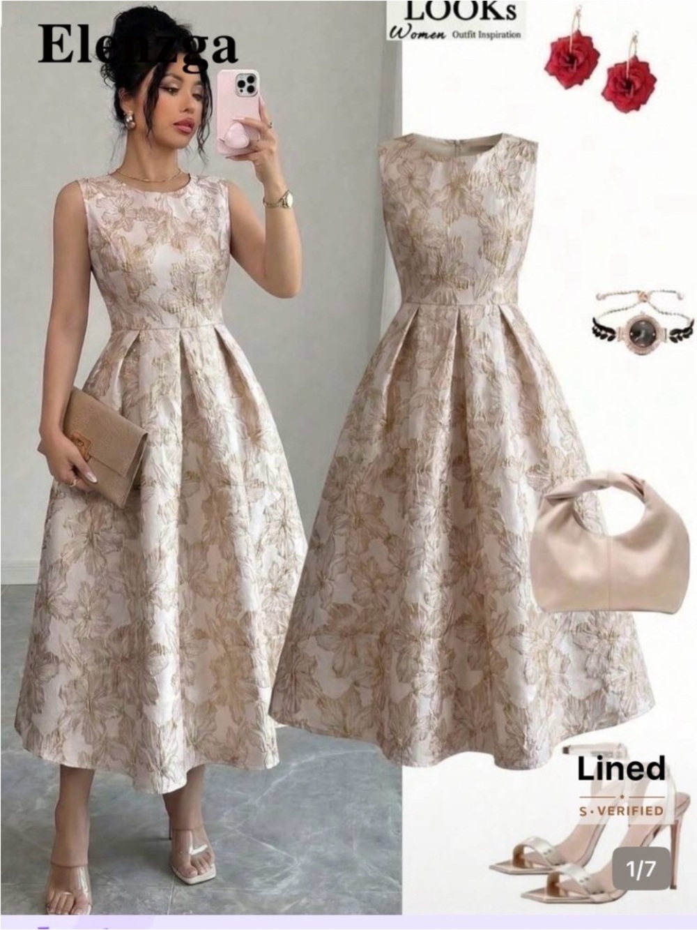 Elegant Floral Jacquard Midi Dress - Champagne
